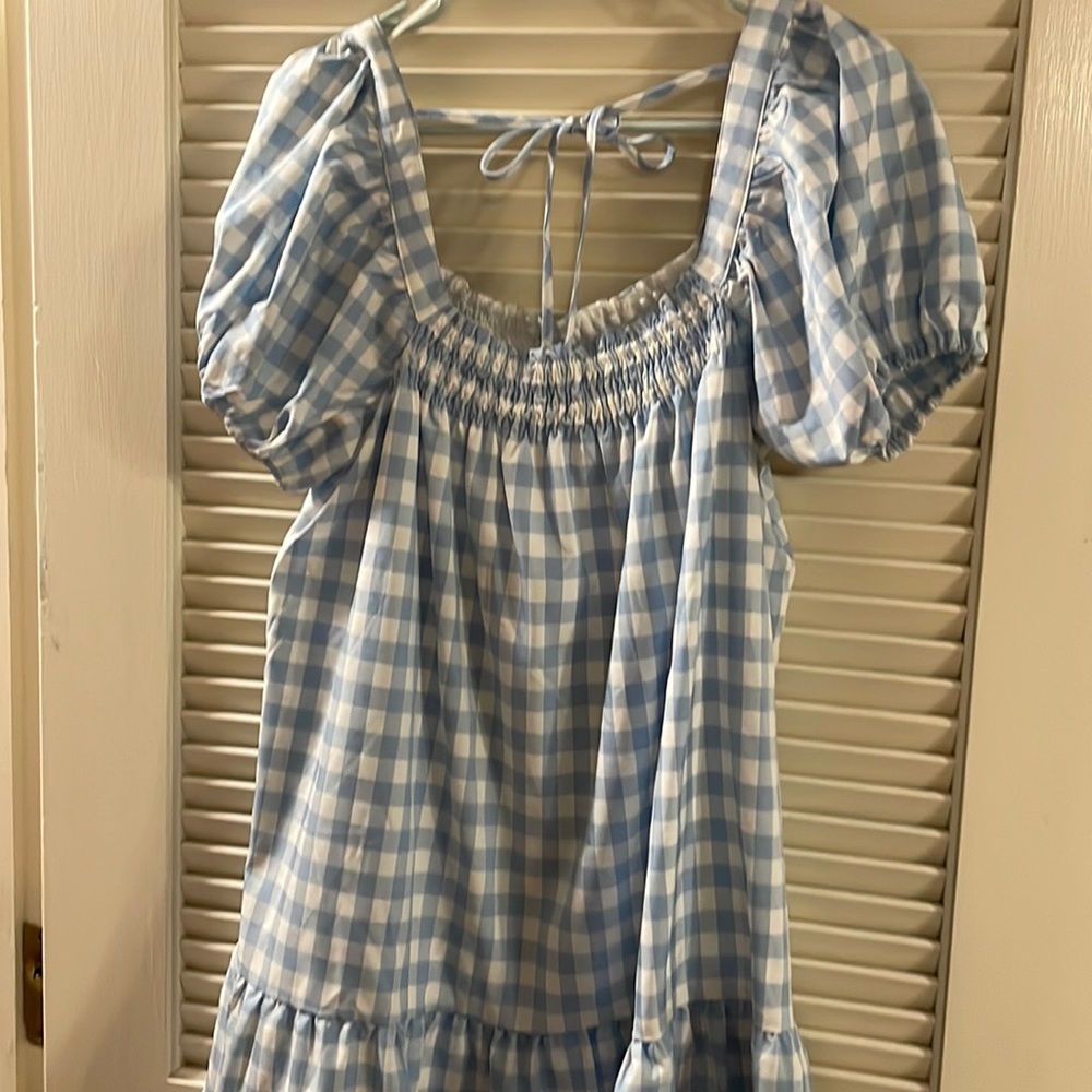 Blue and white gingham, puff sleeve dress! Size L.